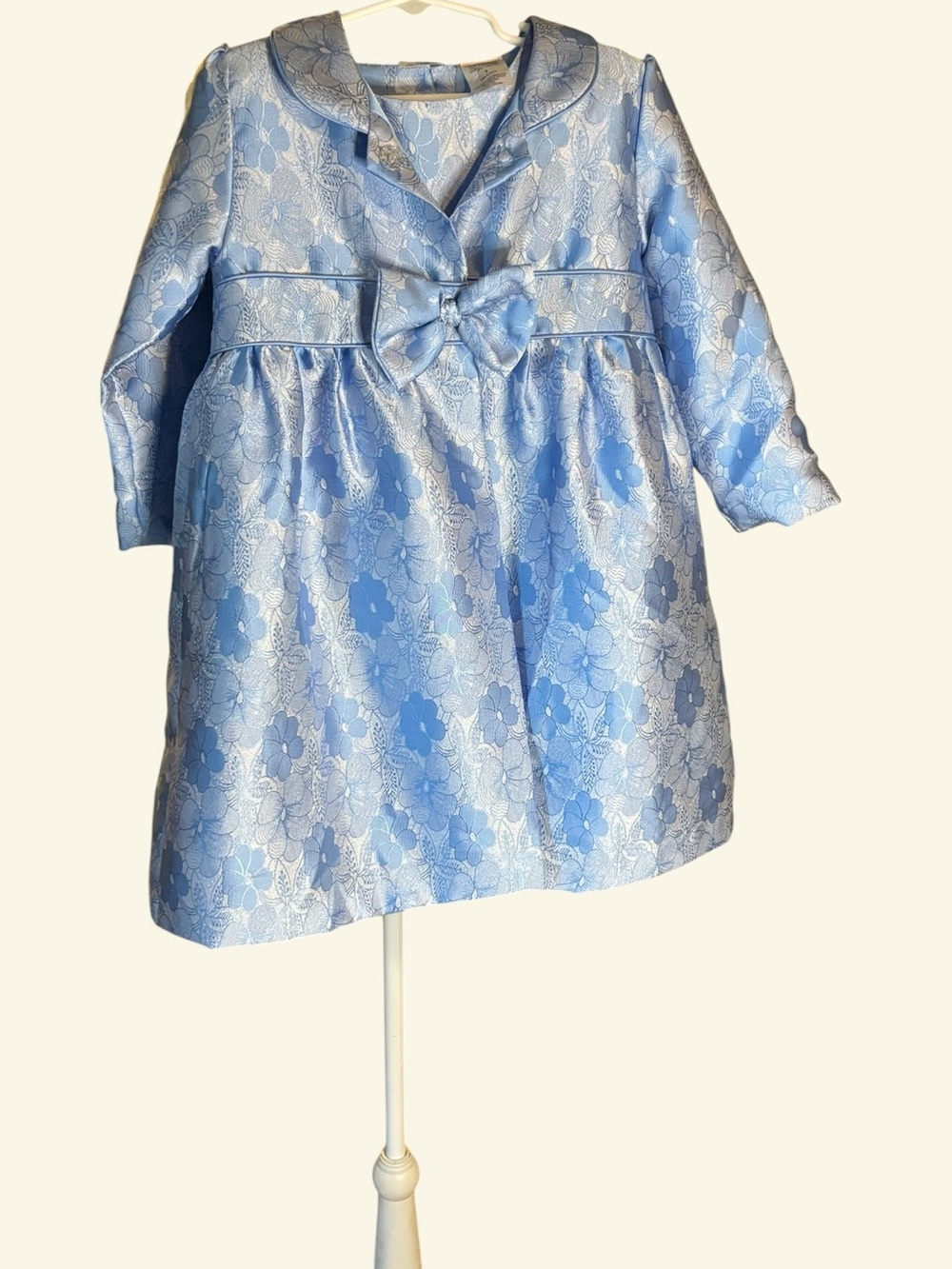 Girls matching coat and dress set , blue jacquard fabric and full skirt on dress